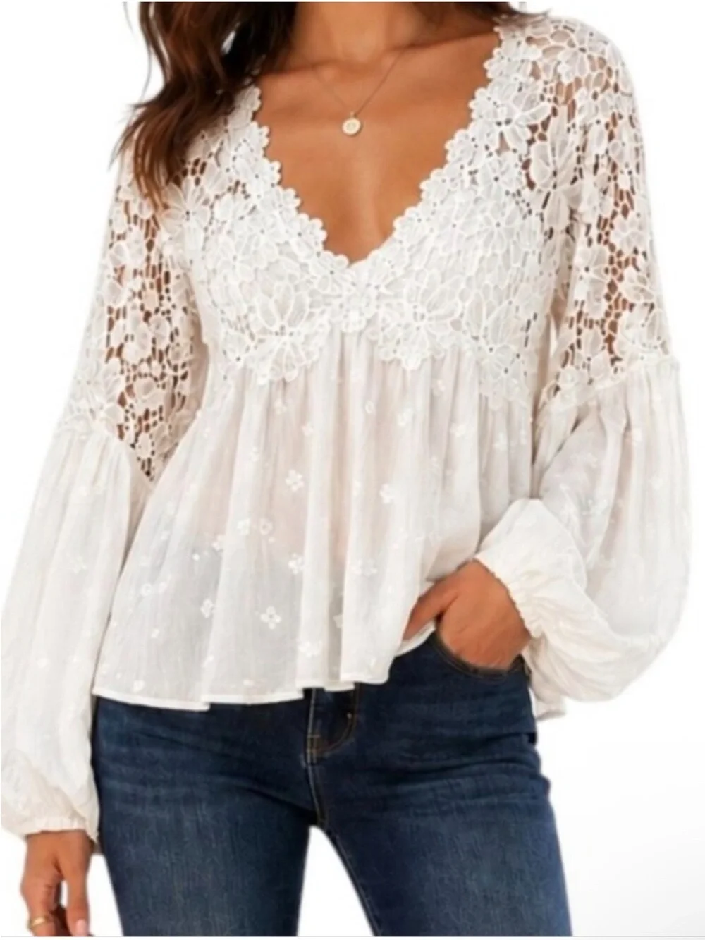 Free People Lina Lace Top in White XS
